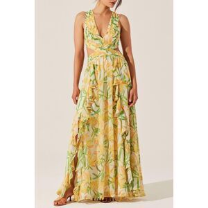 ASTR The Label Noya Floral Pleated Cutout Maxi Dress in yellow size S NWT